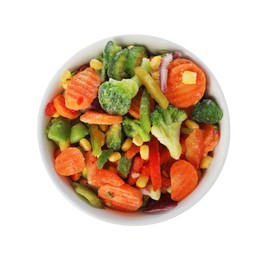 Photo of Mix of frozen vegetables in bowl isolated on white, top view