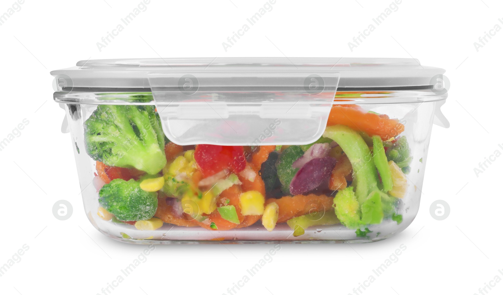 Photo of Mix of frozen vegetables in container isolated on white