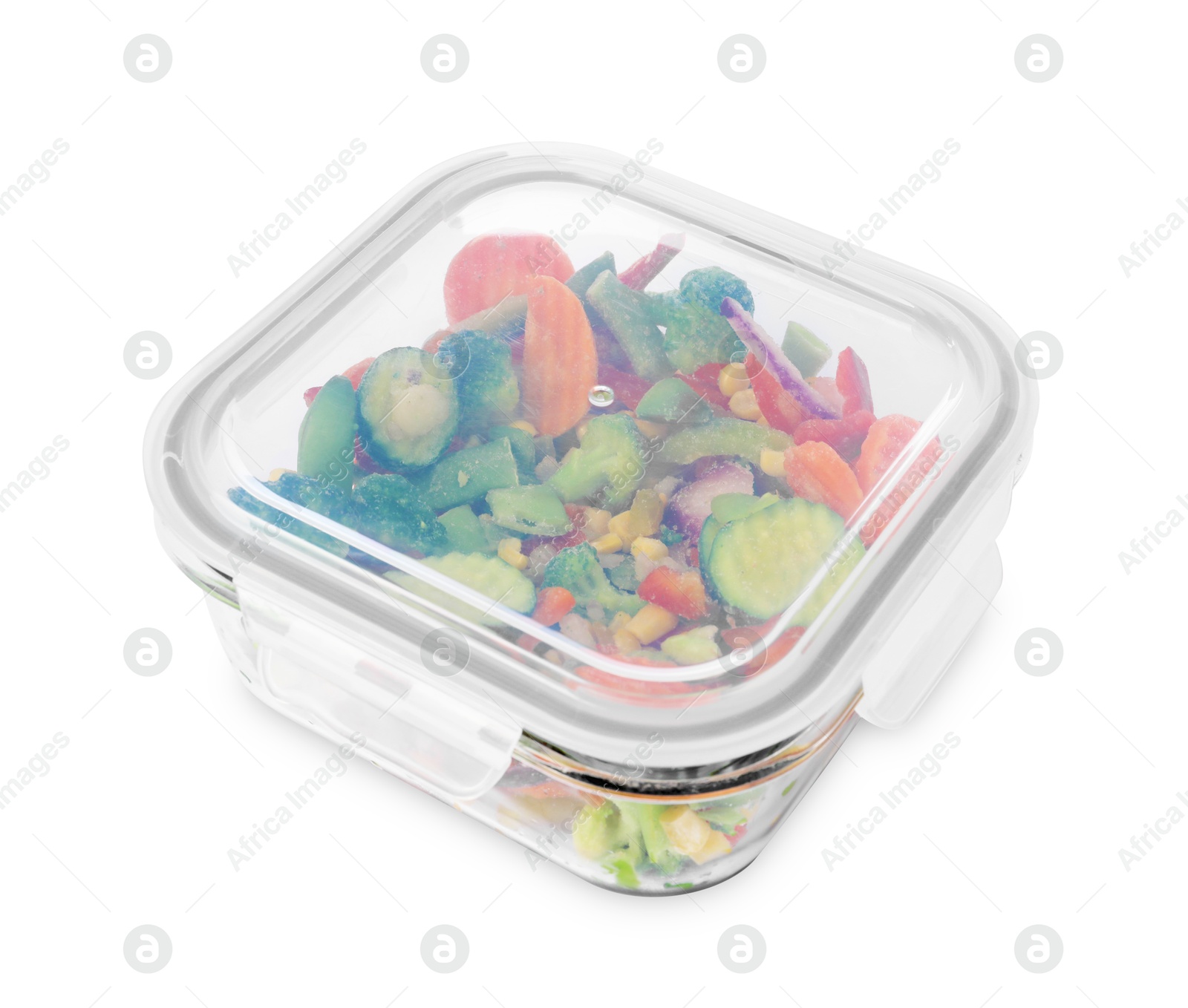 Photo of Mix of frozen vegetables in container isolated on white