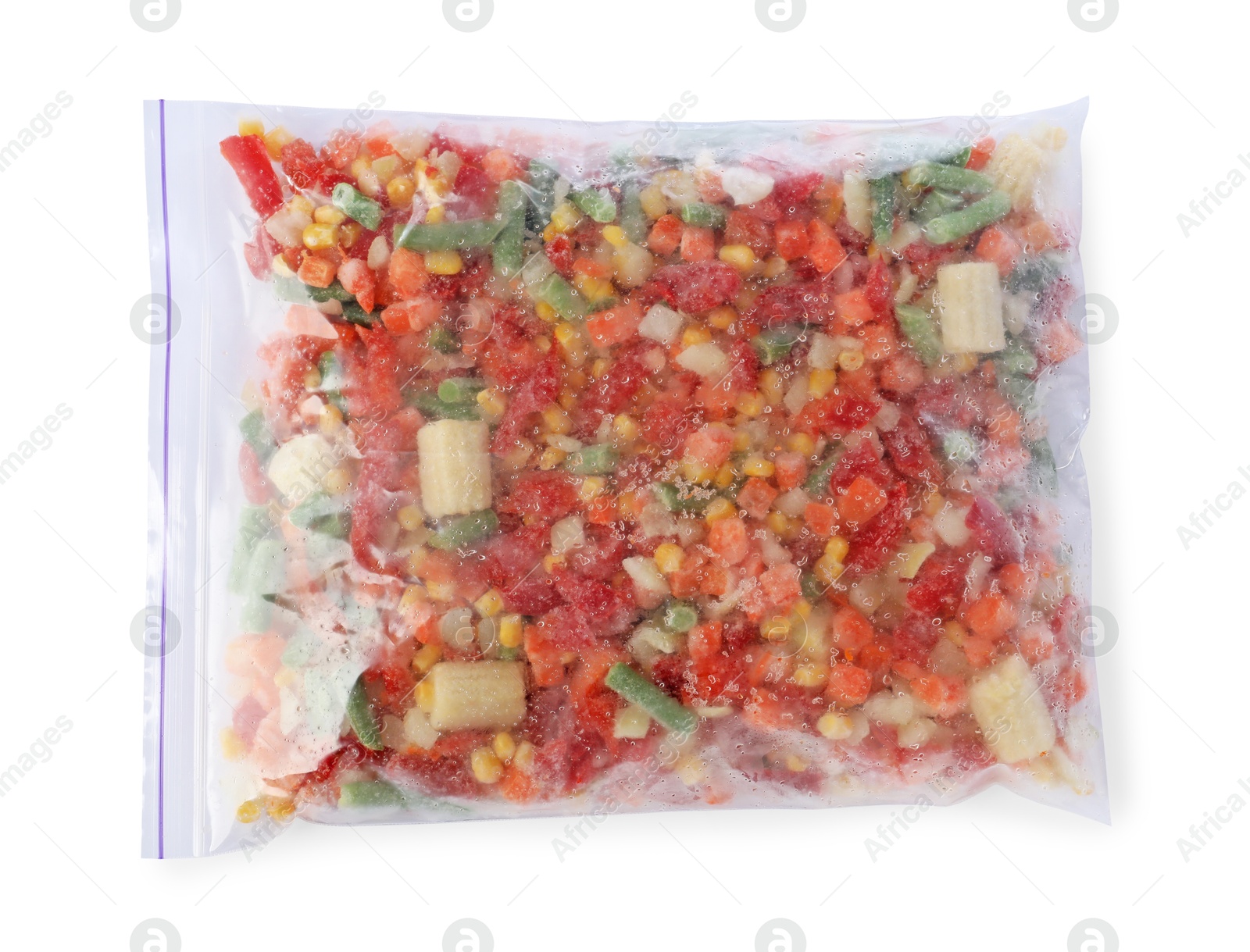 Photo of Mix of frozen vegetables in plastic bag isolated on white, top view