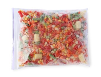 Photo of Mix of frozen vegetables in plastic bag isolated on white, top view