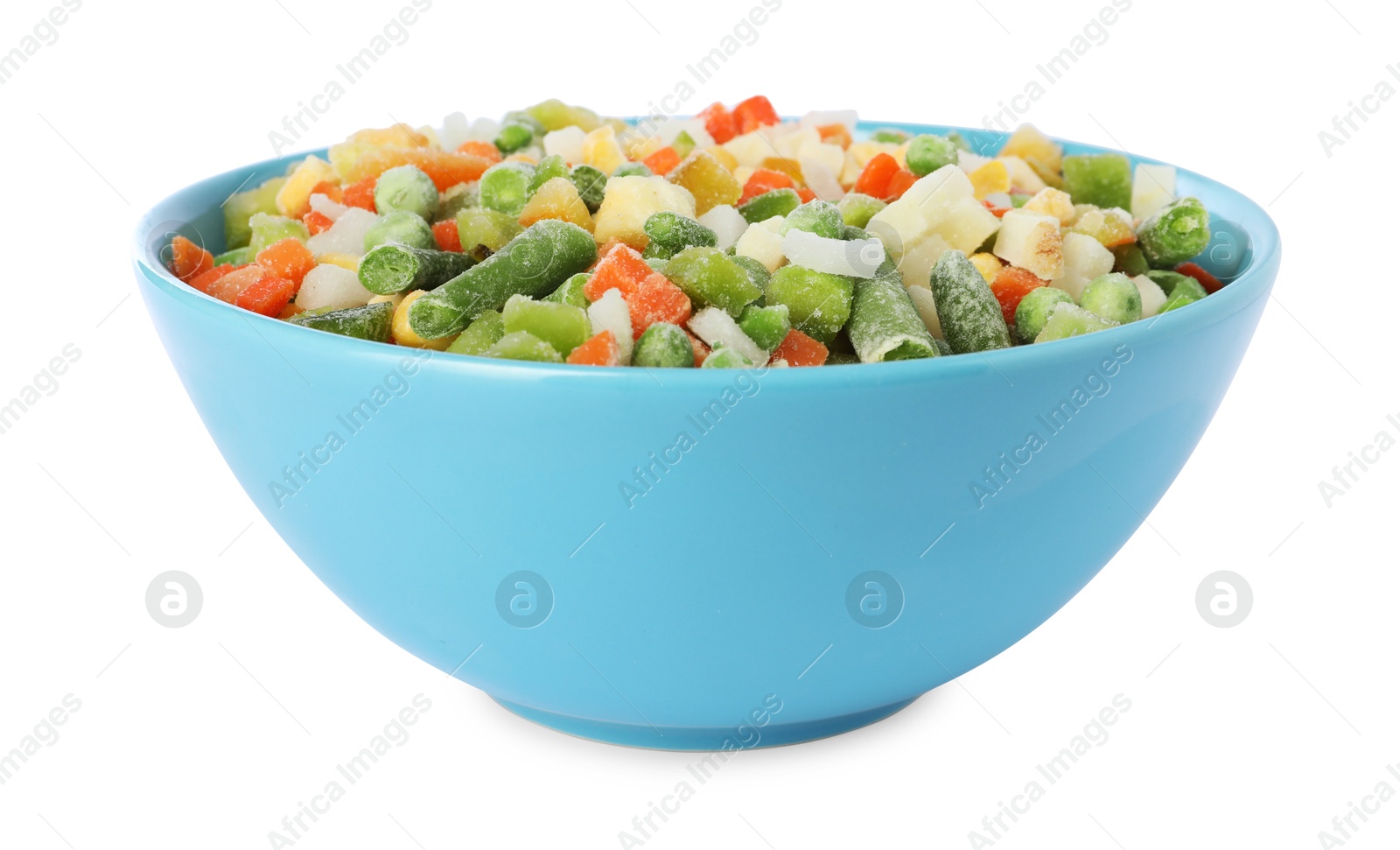 Photo of Mix of frozen vegetables in bowl isolated on white