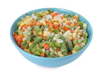 Photo of Mix of frozen vegetables in bowl isolated on white