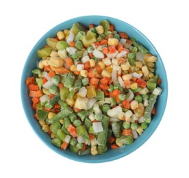 Photo of Mix of frozen vegetables in bowl isolated on white, top view