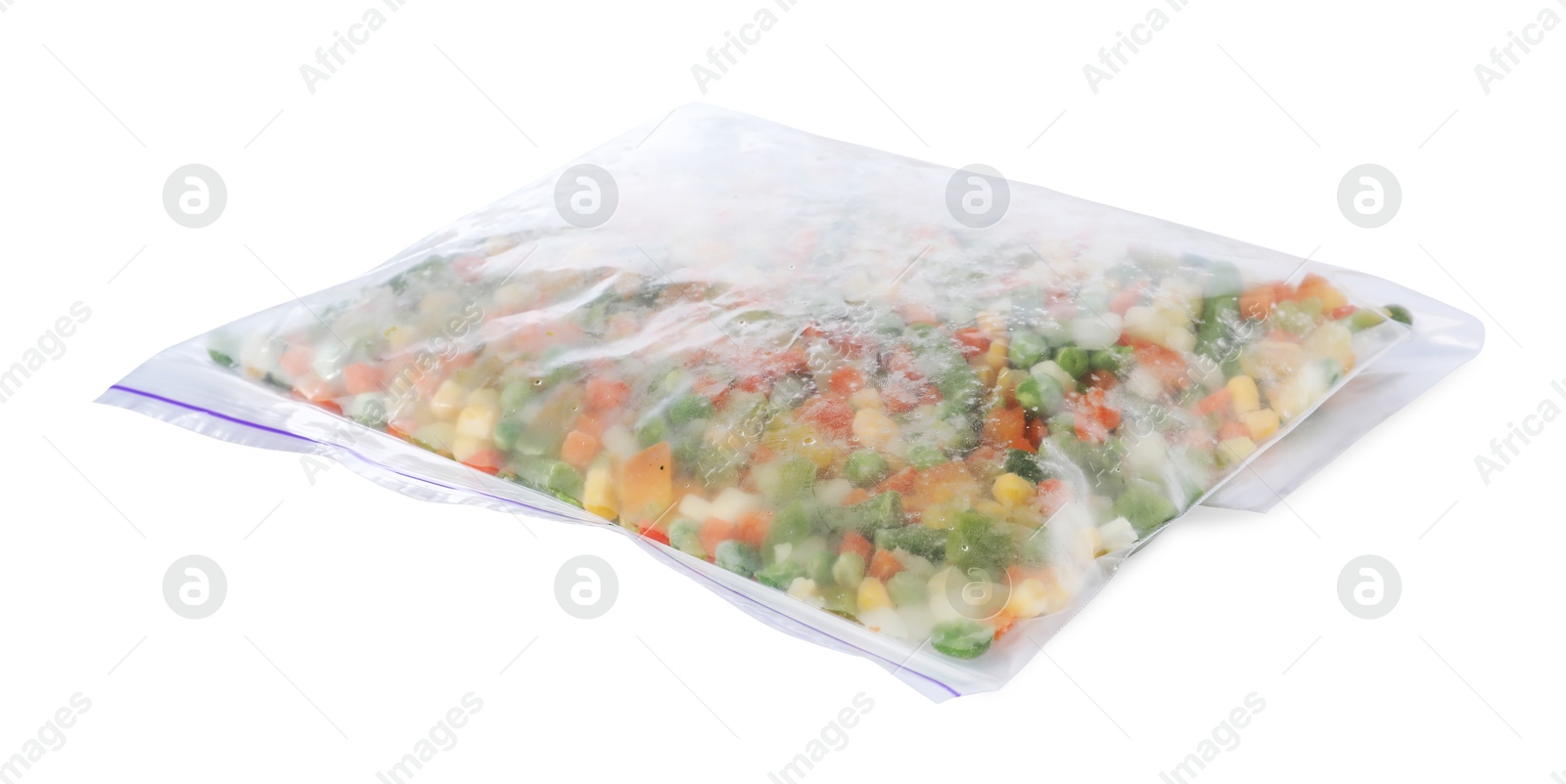 Photo of Mix of frozen vegetables in plastic bag isolated on white