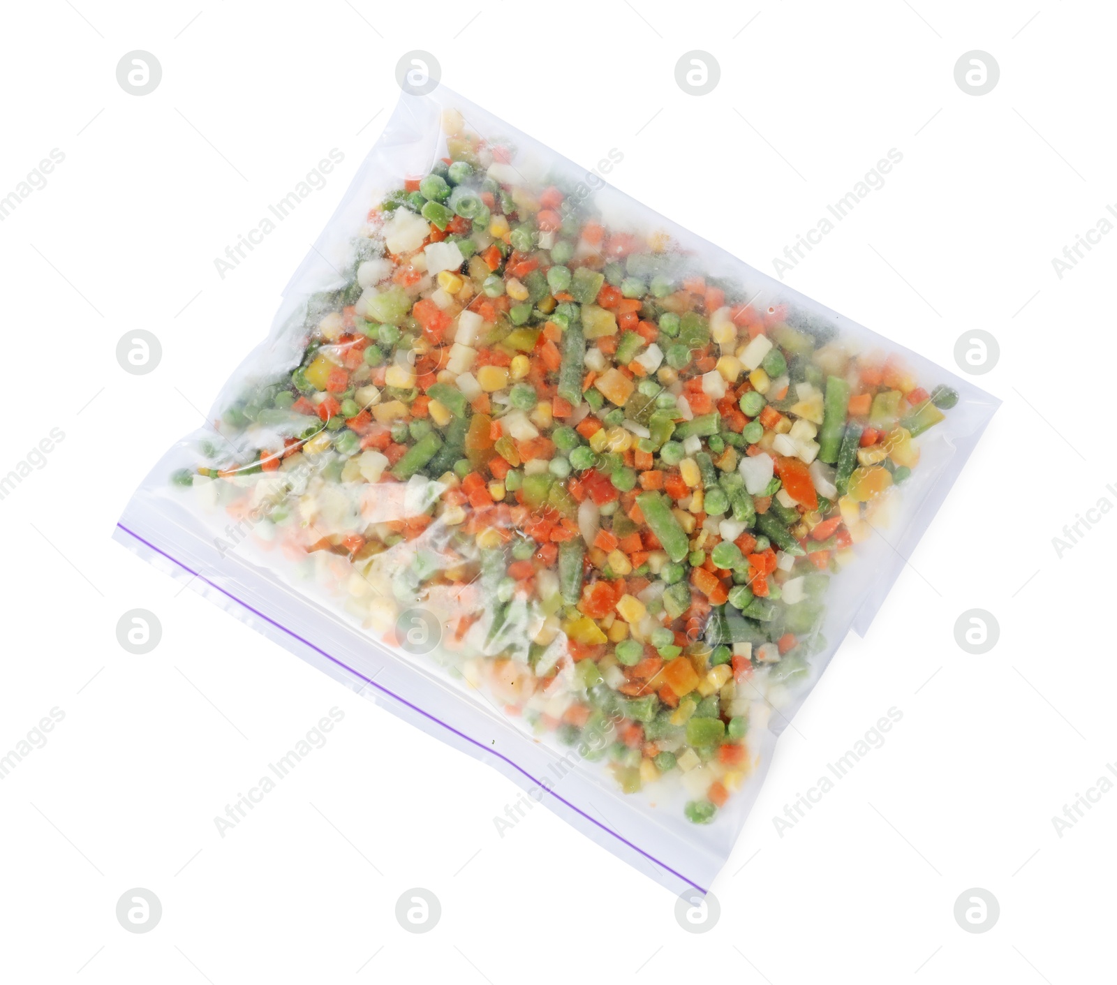 Photo of Mix of frozen vegetables in plastic bag isolated on white, top view