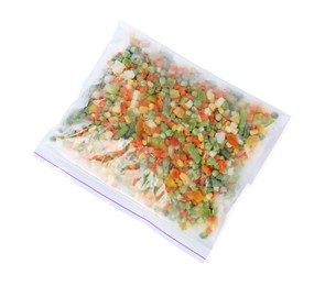 Photo of Mix of frozen vegetables in plastic bag isolated on white, top view