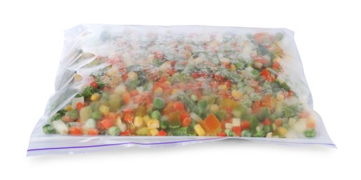 Photo of Mix of frozen vegetables in plastic bag isolated on white