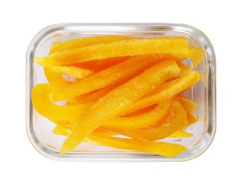 Photo of Pieces of frozen bell peppers in container isolated on white, top view