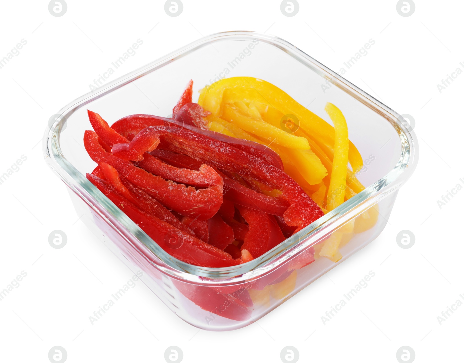 Photo of Pieces of frozen bell peppers in container isolated on white