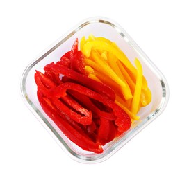 Photo of Pieces of frozen bell peppers in container isolated on white, top view