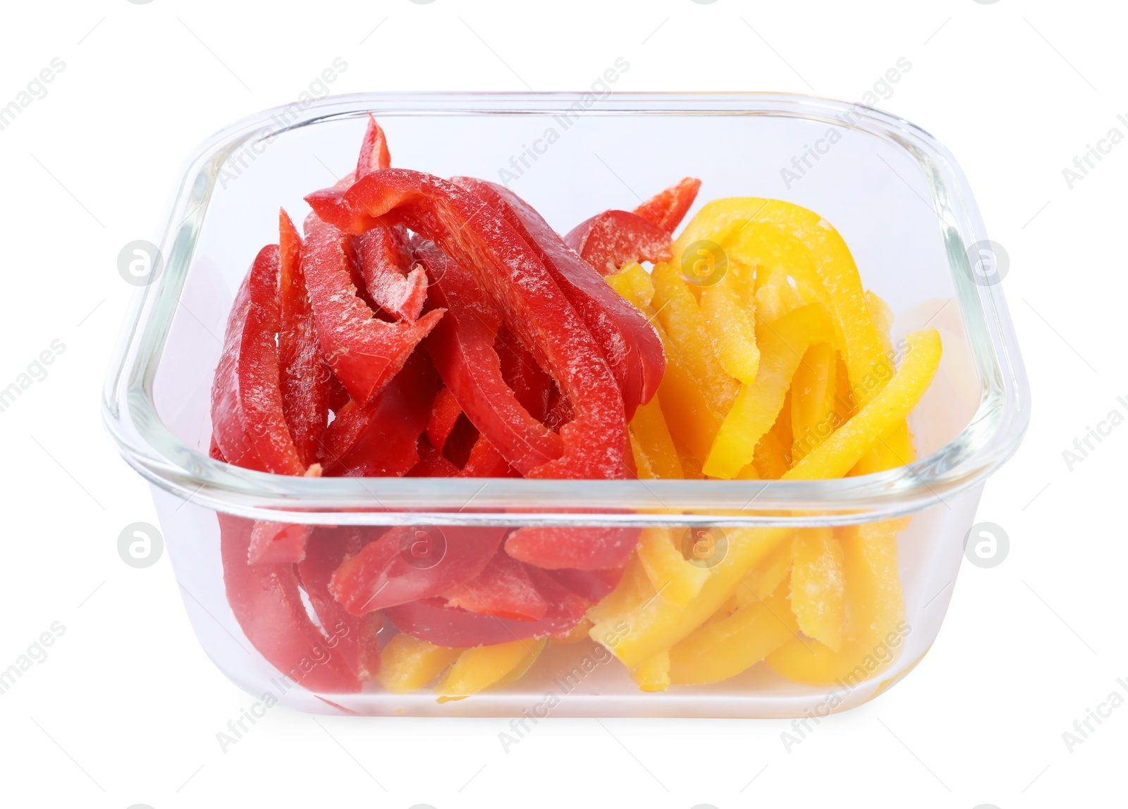 Photo of Pieces of frozen bell peppers in container isolated on white