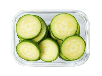 Photo of Slices of frozen zucchini in container isolated on white, top view