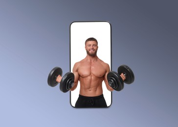 Image of Personal trainer online. Muscular man with dumbbells transcending out of mobile phone screen on grey gradient background