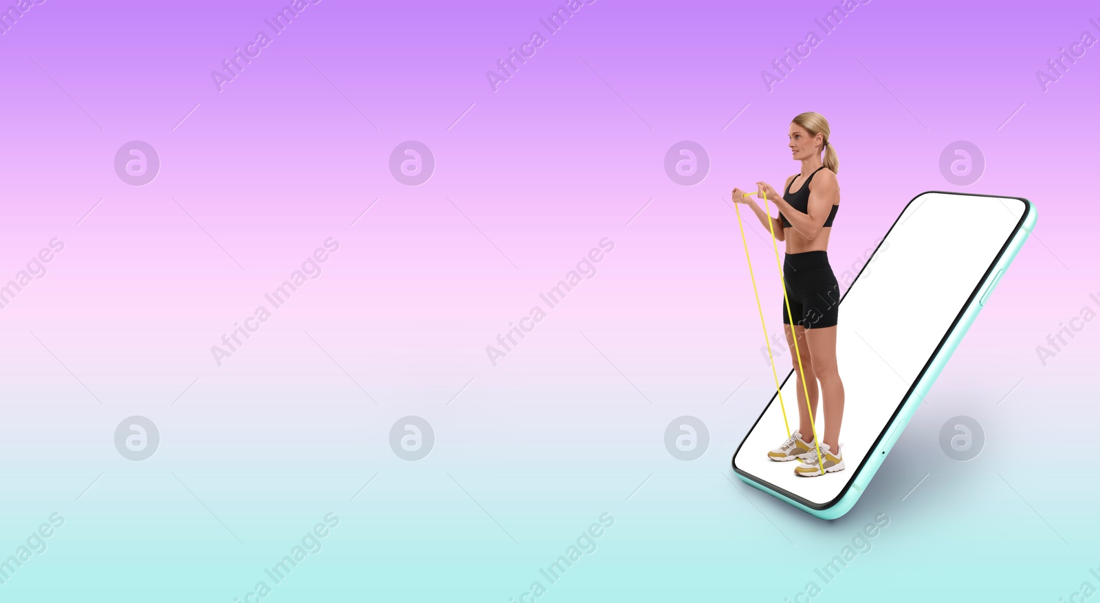 Image of Personal trainer online. Woman with elastic resistance band transcending out of mobile phone screen on color gradient background. Banner design with space for text