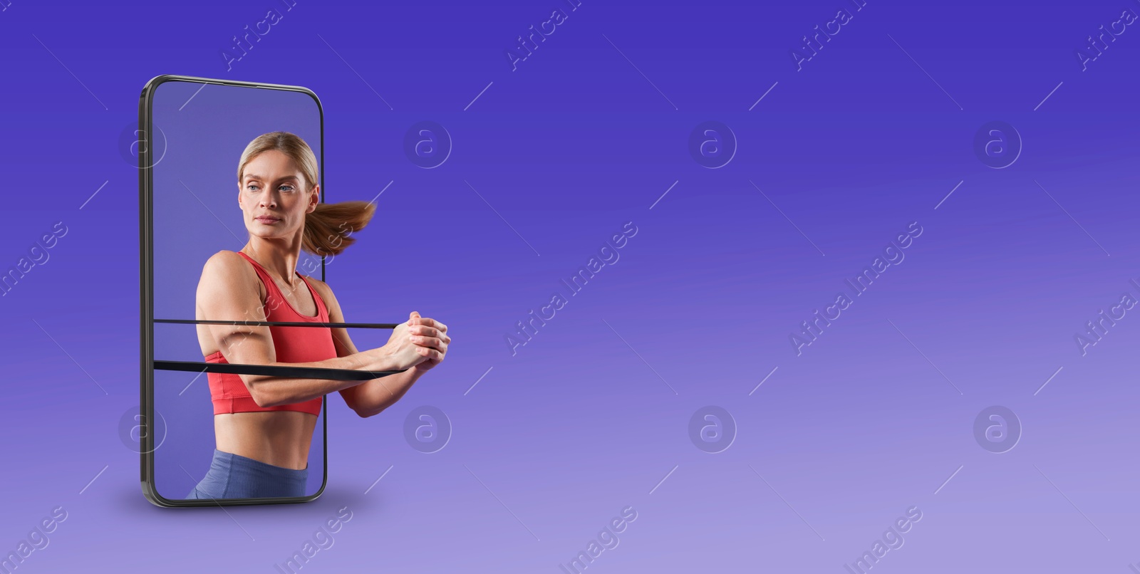 Image of Personal trainer online. Woman with elastic resistance band transcending out of mobile phone screen on blue gradient background. Banner design with space for text