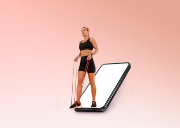 Image of Personal trainer online. Woman with elastic resistance band transcending out of mobile phone screen on pink beige gradient background