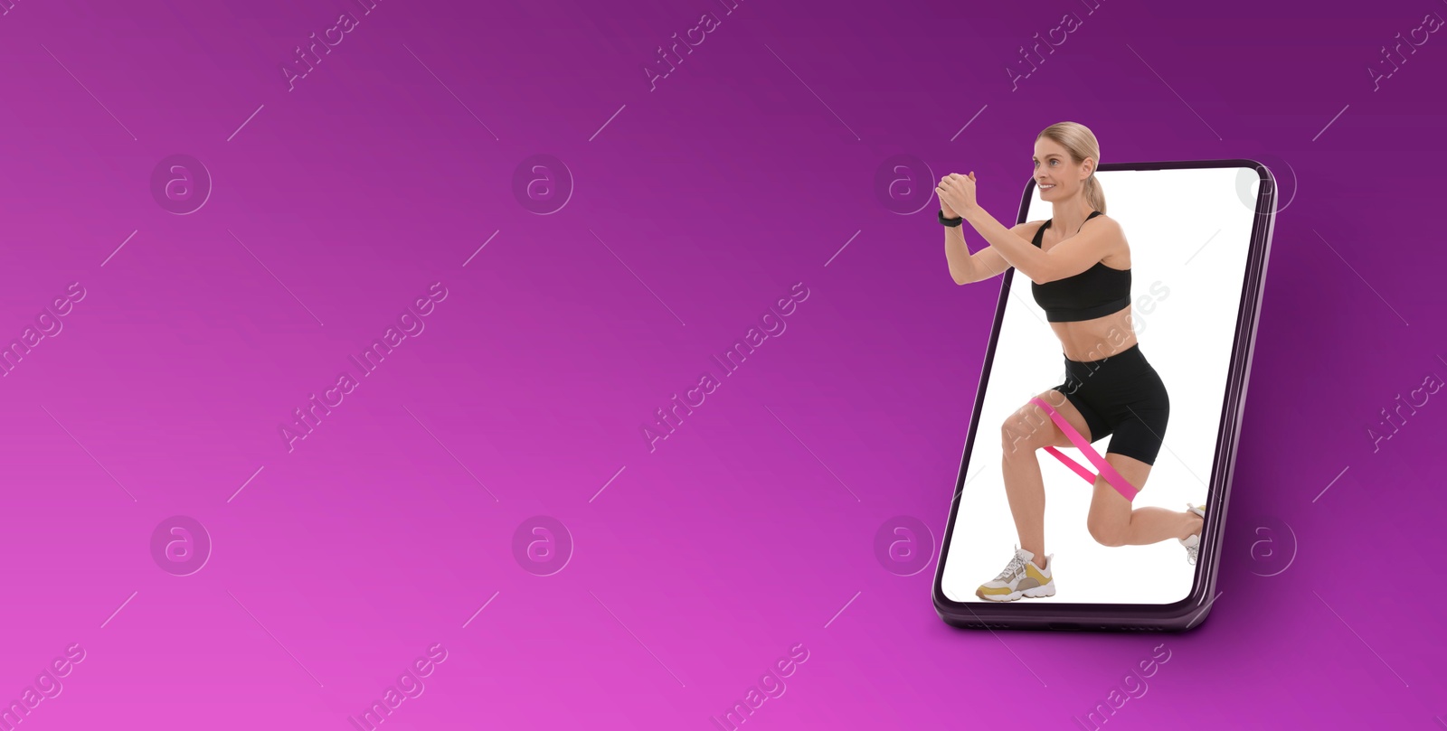 Image of Personal trainer online. Woman with elastic resistance band transcending out of mobile phone screen on purple gradient background. Banner design with space for text