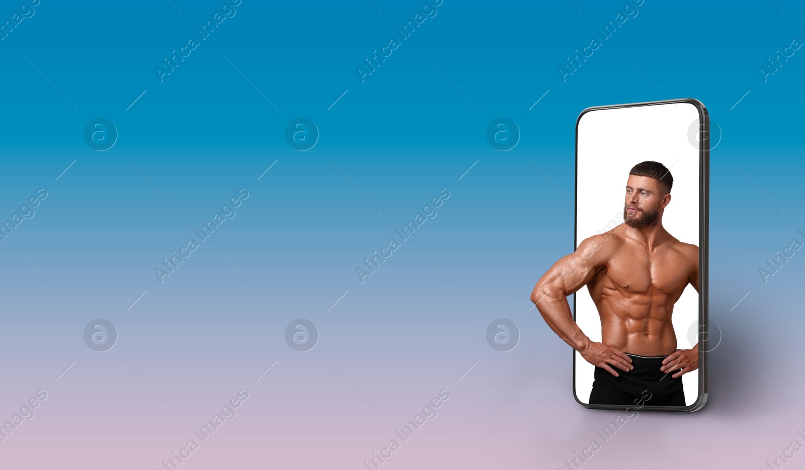 Image of Personal trainer online. Man with muscular body transcending out of mobile phone screen on blue gradient background. Banner design with space for text