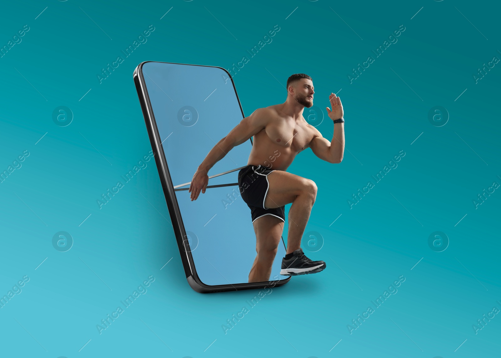 Image of Personal trainer online. Man with elastic resistance band transcending out of mobile phone screen on blue background