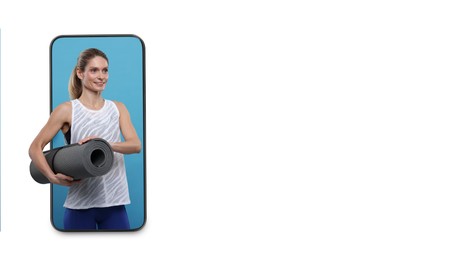 Personal trainer online. Woman with fitness mat transcending out of mobile phone screen on white background. Banner design with space for text