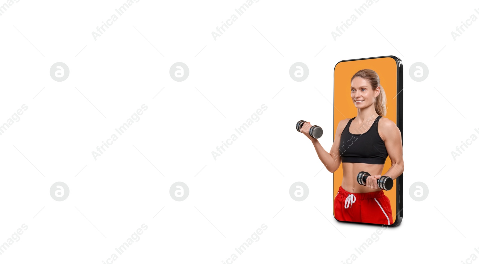 Image of Personal trainer online. Woman with dumbbells transcending out of mobile phone screen on white background. Banner design with space for text