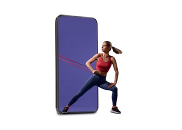 Image of Personal trainer online. Woman with elastic resistance band transcending out of mobile phone screen on white background