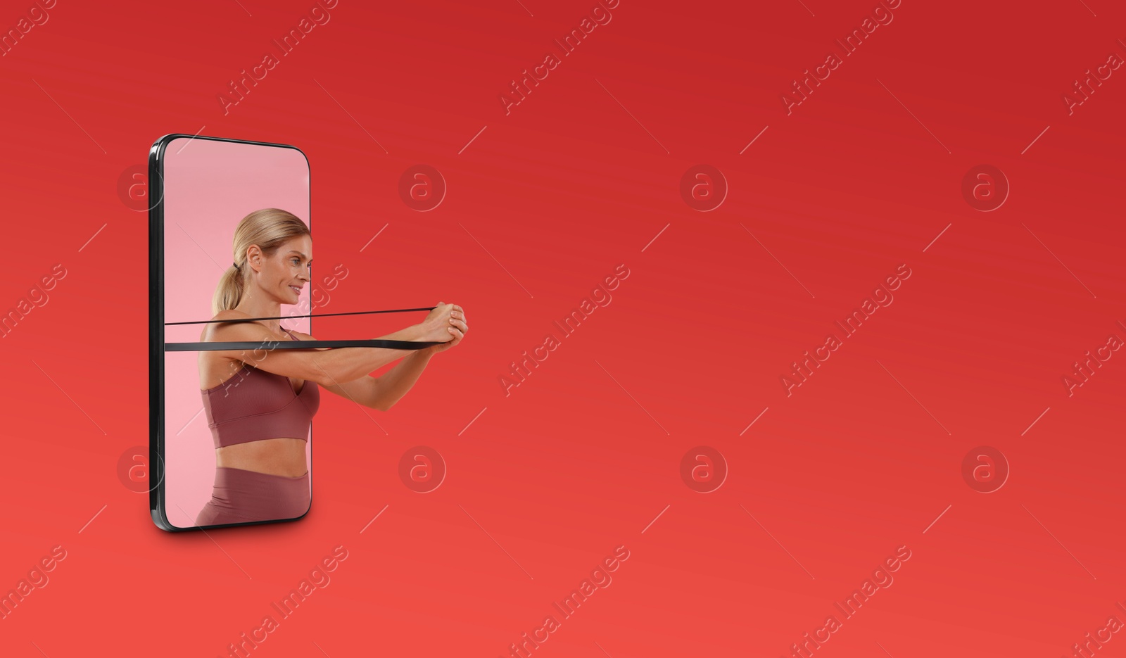 Image of Personal trainer online. Woman with elastic resistance band transcending out of mobile phone screen on red gradient background. Banner design with space for text