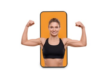 Image of Personal trainer online. Woman showing biceps, transcending out of mobile phone screen on white background