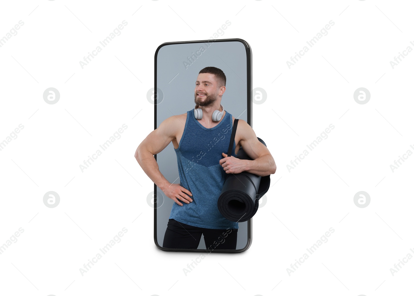 Image of Personal trainer online. Man with exercise mat and headphones transcending out of mobile phone screen on white background