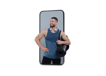 Image of Personal trainer online. Man with exercise mat and headphones transcending out of mobile phone screen on white background