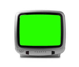 Image of Retro Tv set with green screen on white background. Chroma key