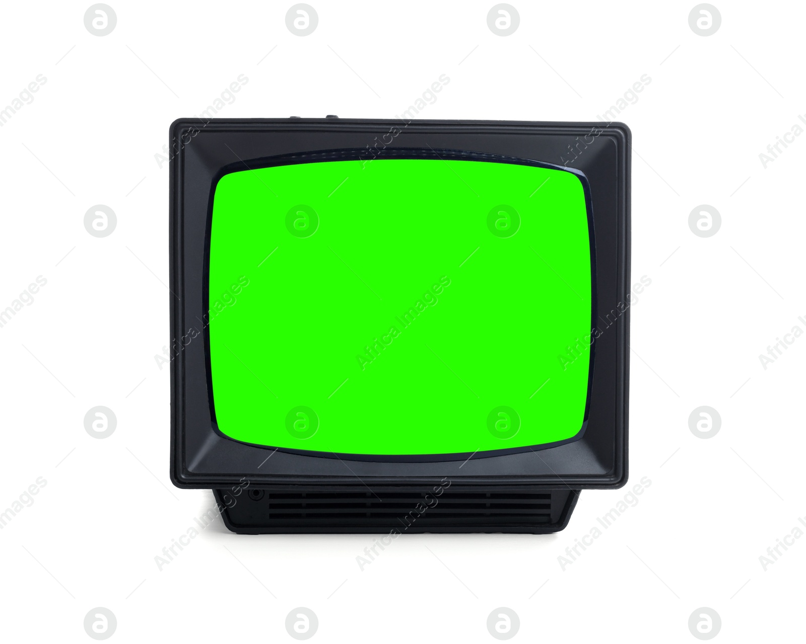 Image of Retro Tv set with green screen on white background. Chroma key