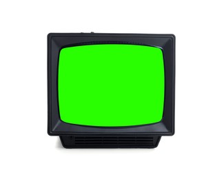 Image of Retro Tv set with green screen on white background. Chroma key