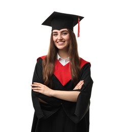 Photo of Happy student with crossed arms after graduation on white background