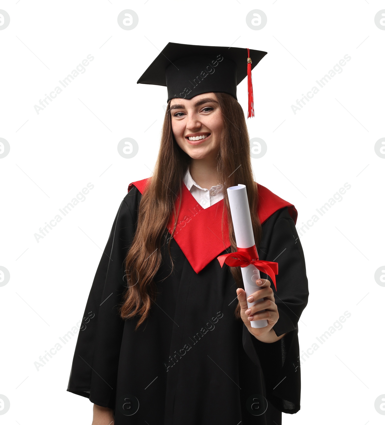 Photo of Happy student with diploma after graduation on white background