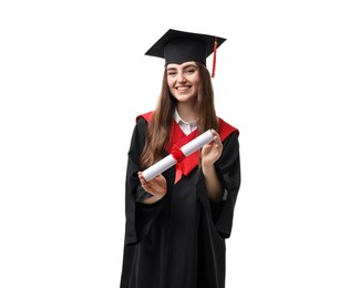 Photo of Happy student with diploma after graduation on white background