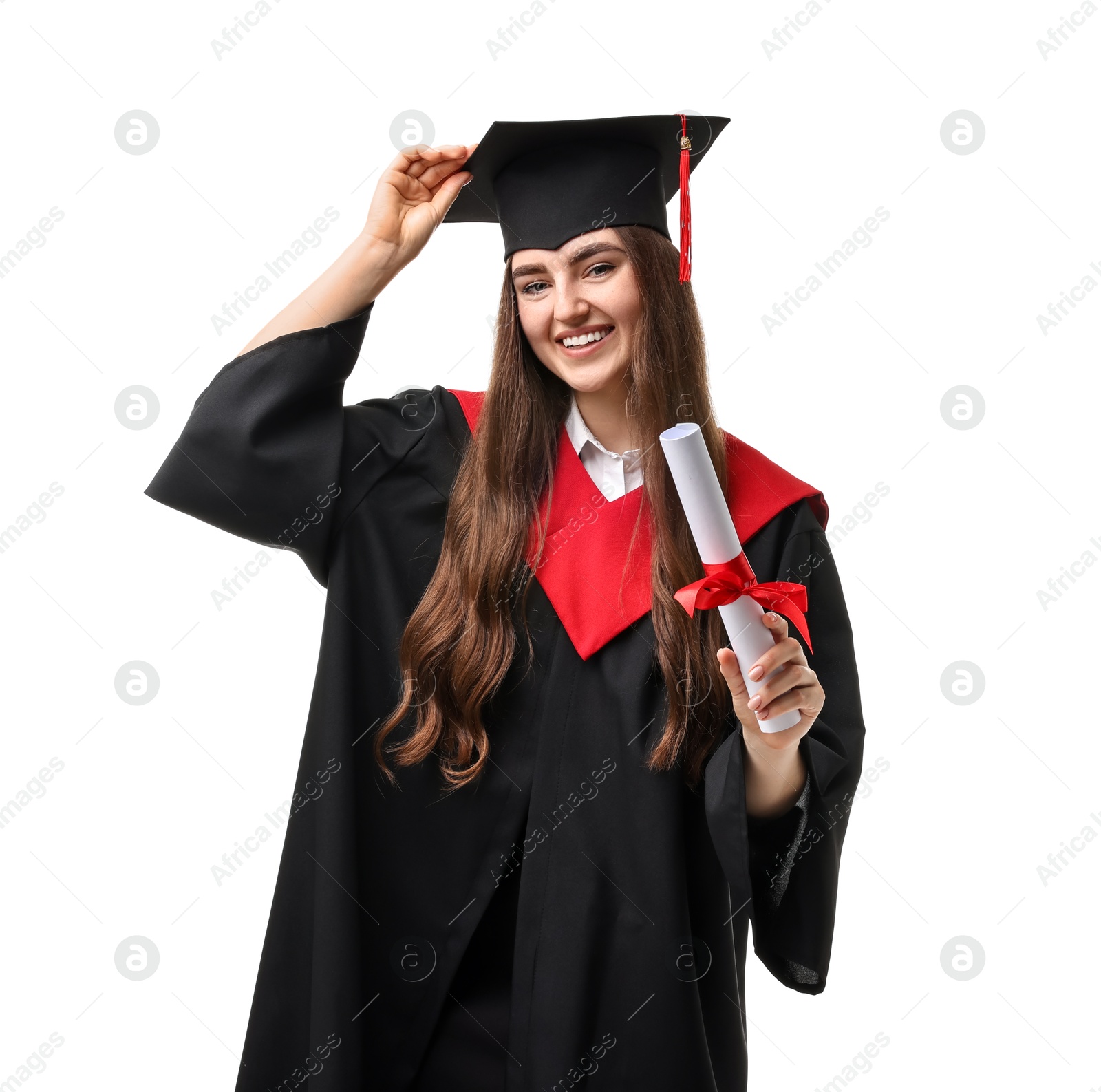 Photo of Happy student with diploma after graduation on white background