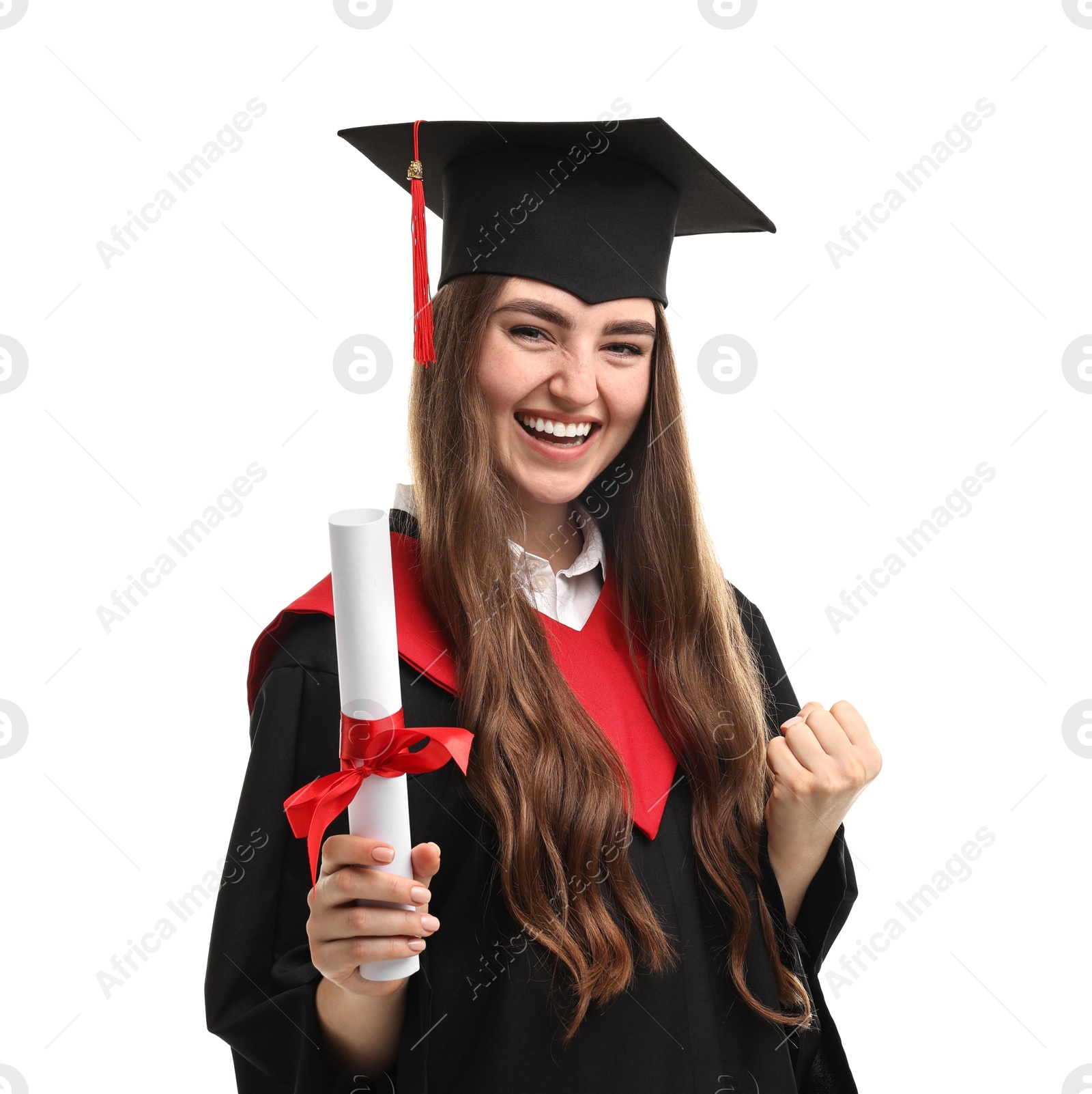 Photo of Happy student with diploma after graduation on white background