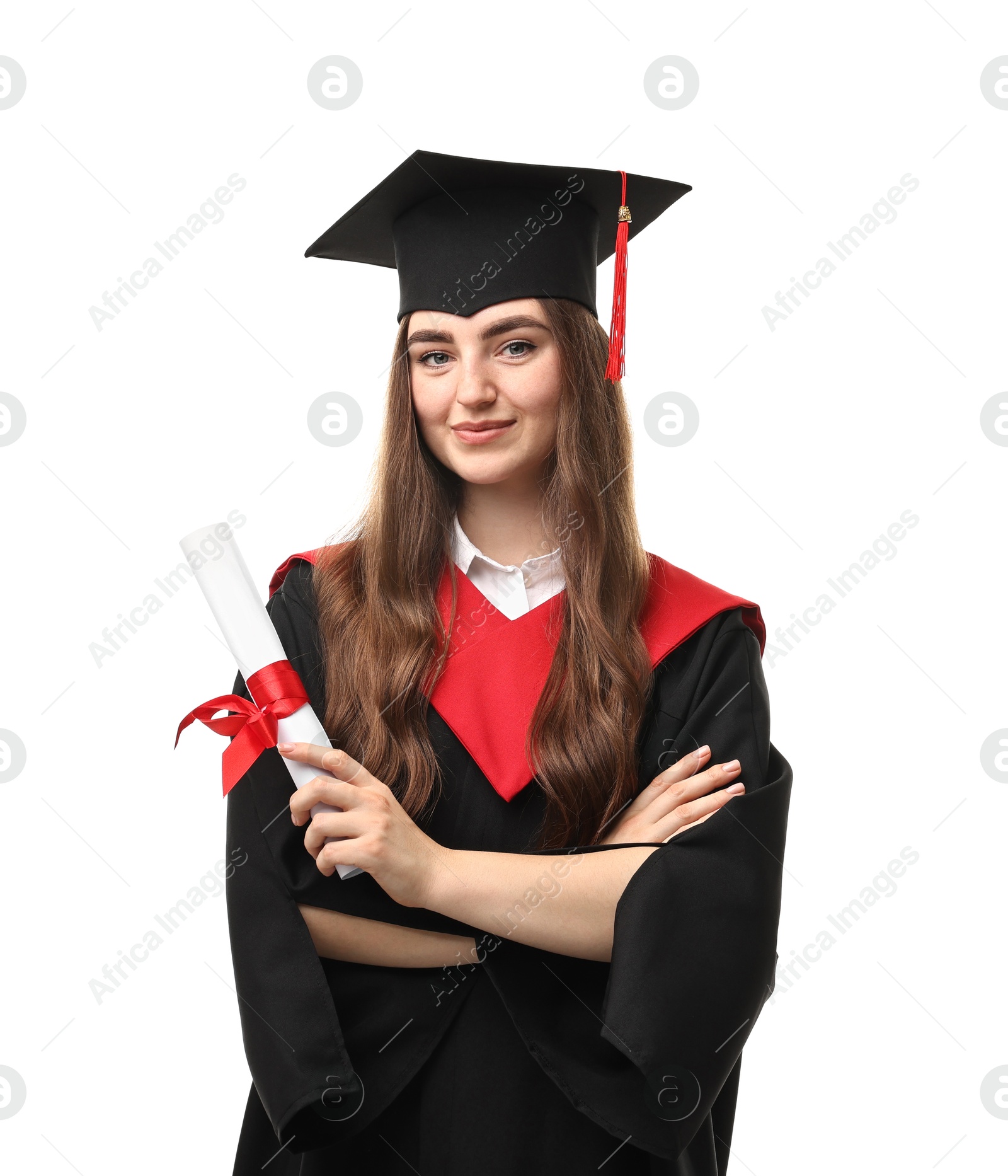 Photo of Happy student with diploma after graduation on white background