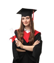 Photo of Happy student with diploma after graduation on white background