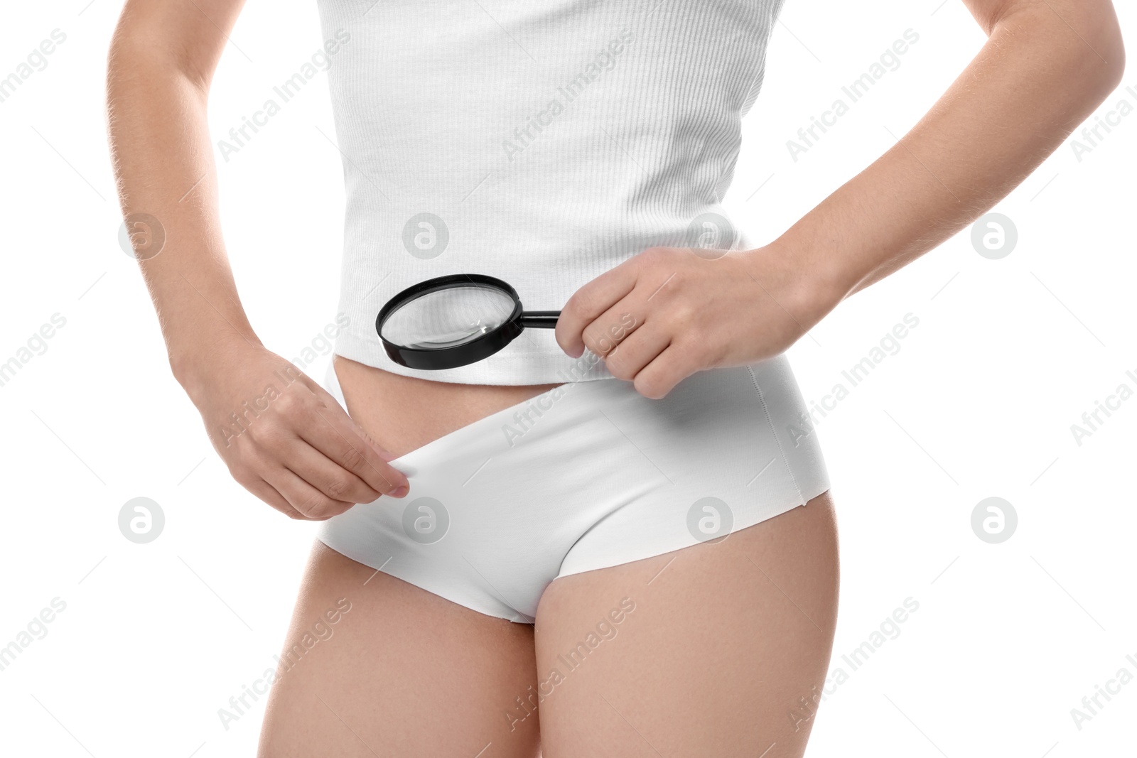 Photo of STD (sexually transmitted disease). Woman examining genital area with magnifying glass on white background, closeup