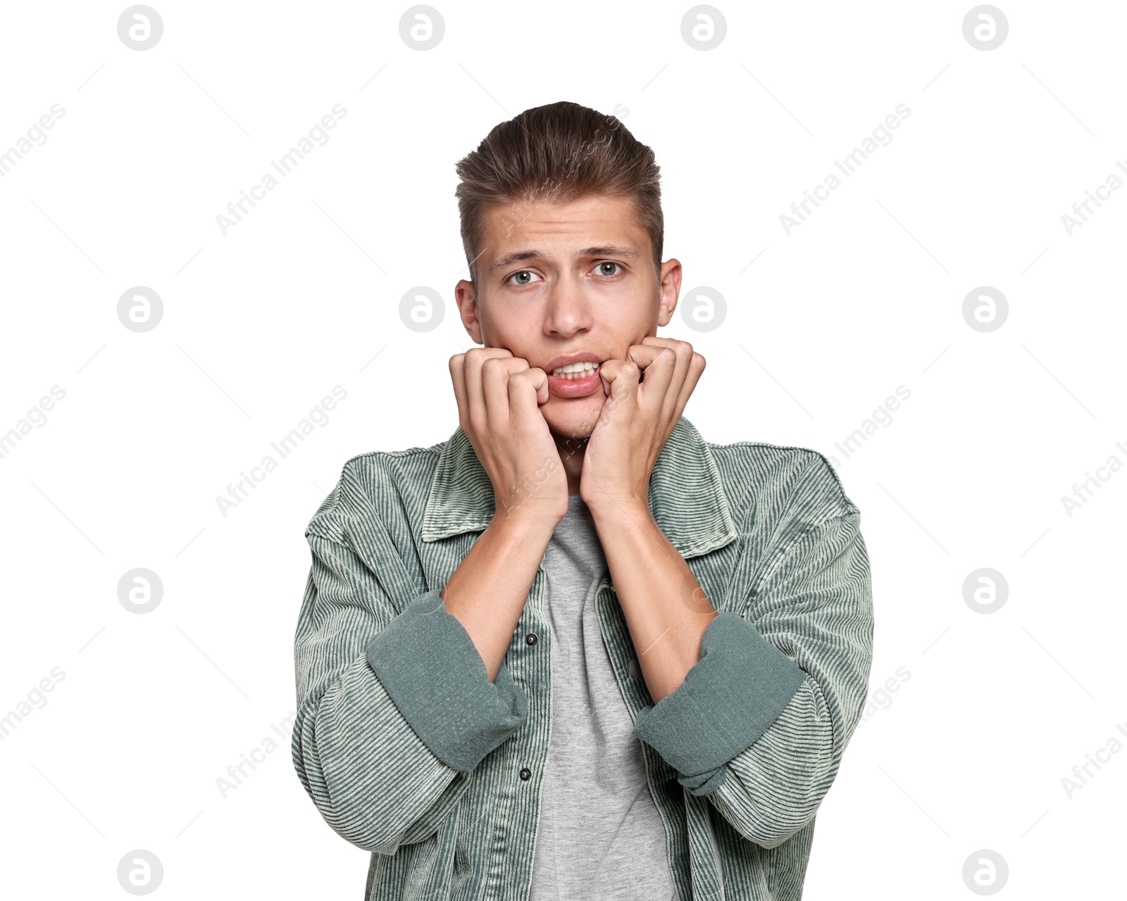 Photo of Emotional student having stress before exam on white background