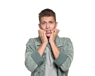 Photo of Emotional student having stress before exam on white background