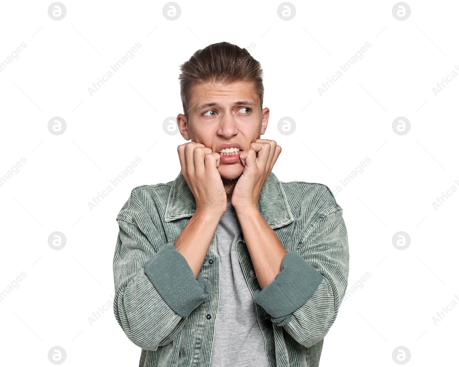 Photo of Emotional student having stress before exam on white background