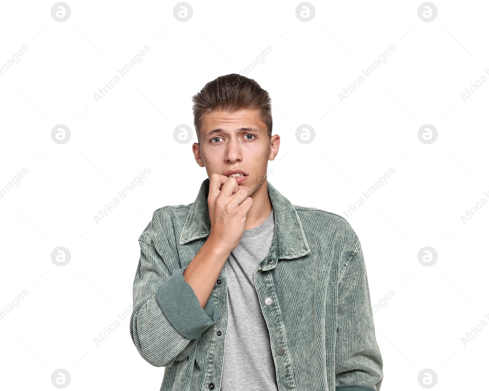 Photo of Emotional student having stress before exam on white background