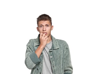 Photo of Emotional student having stress before exam on white background