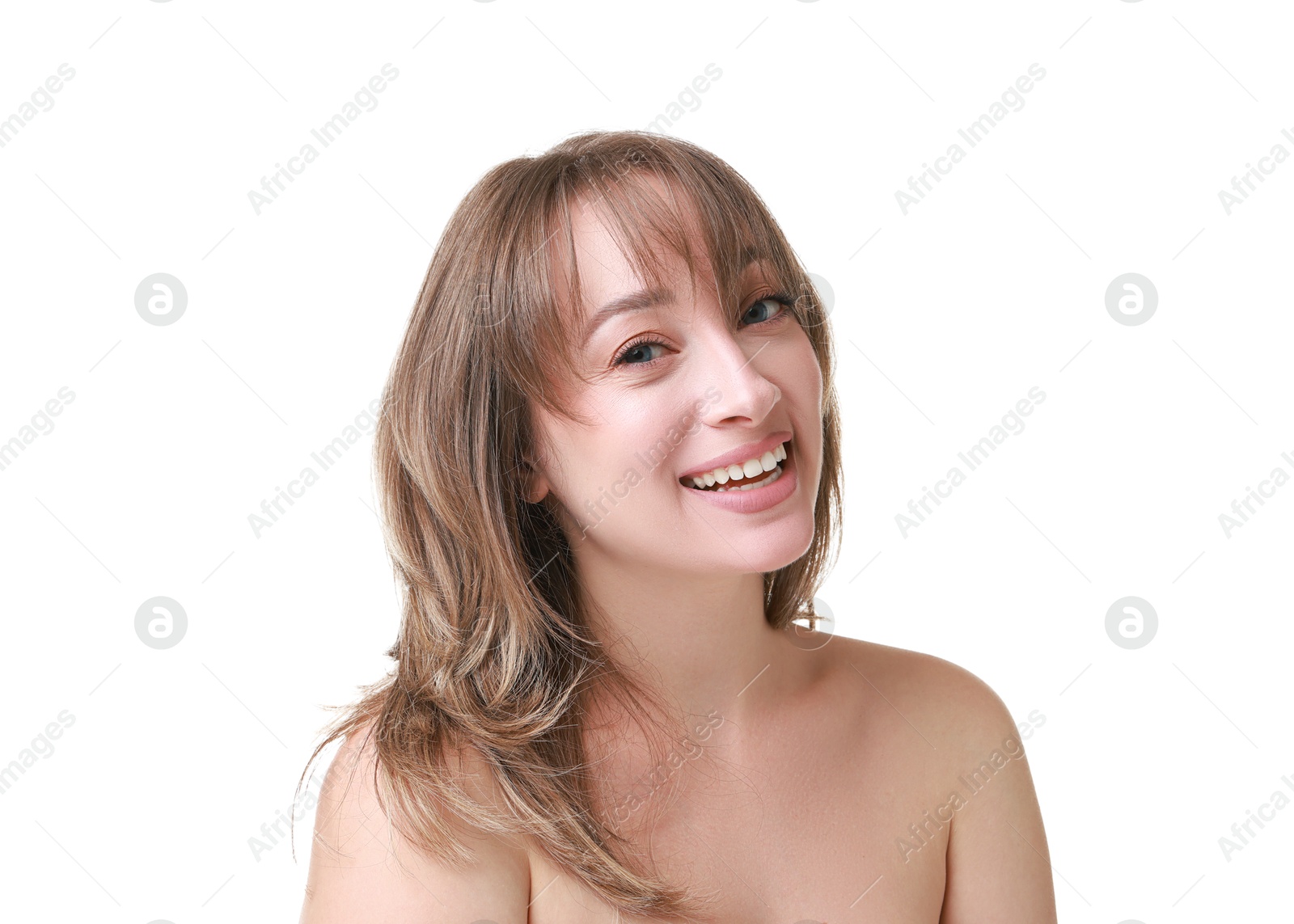 Photo of Attractive woman with stylish haircut on white background