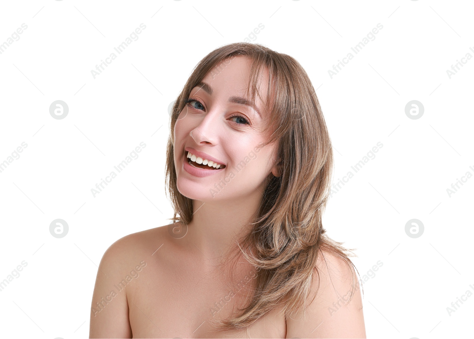 Photo of Attractive woman with stylish haircut on white background