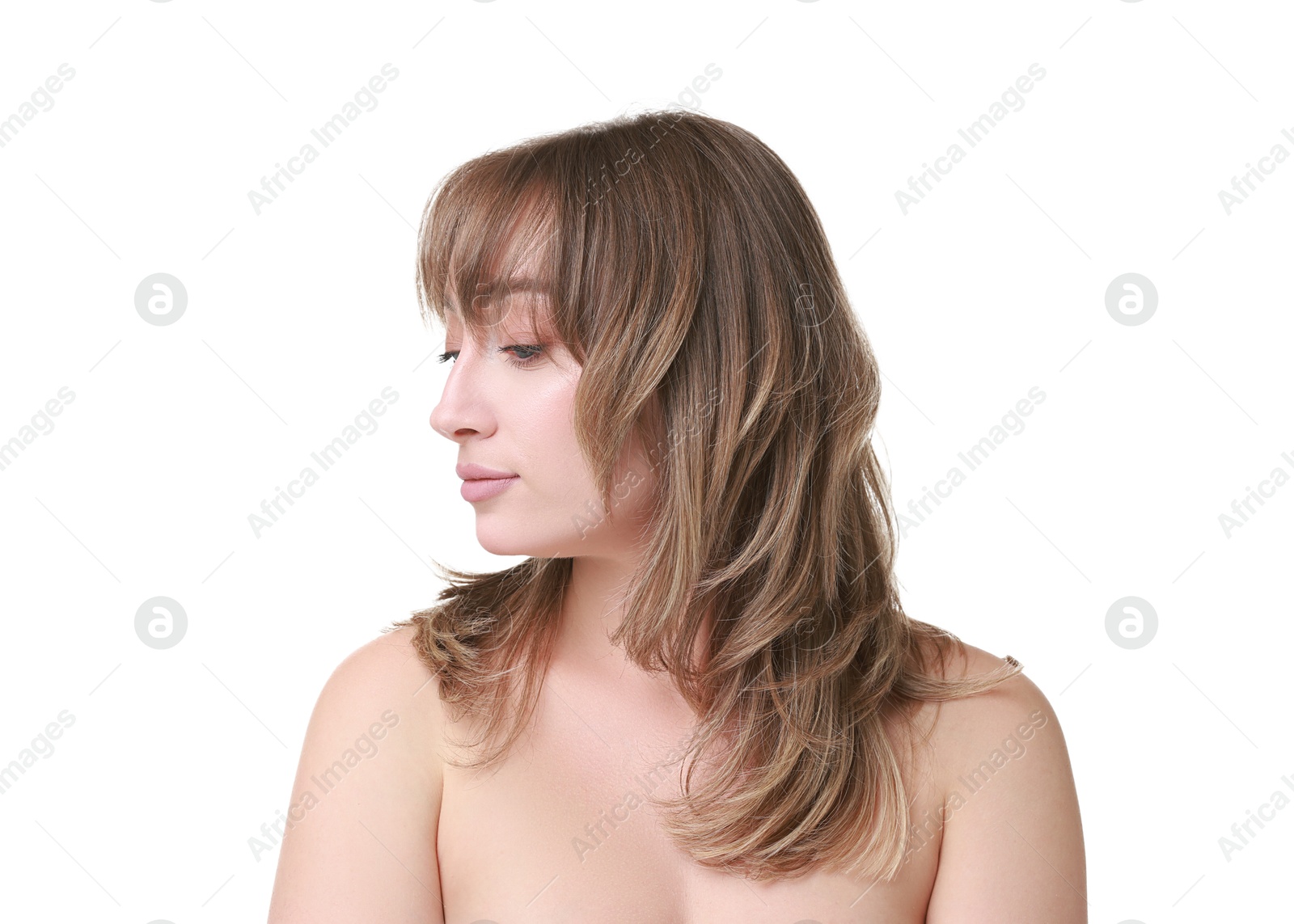 Photo of Attractive woman with stylish haircut on white background